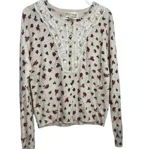 Flying Tomato Cardigan Womens L Pink Floral Lace Bib Angora Blend Sweater Shabby